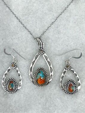Santa Fe Style Sterling Silver BOHO Turquoise Necklace and Earrings Set